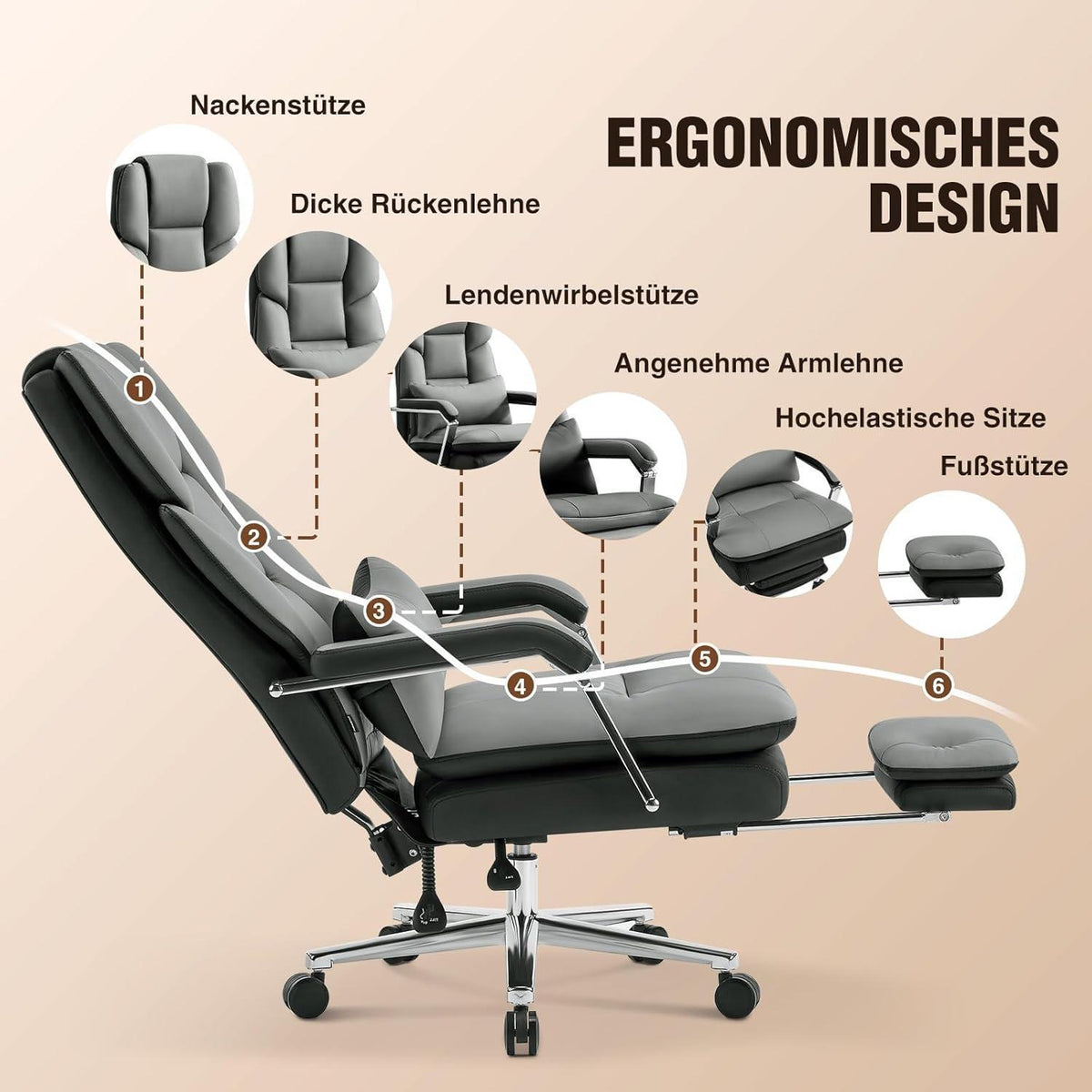 Ergonomischer Bürostuhl mit Fußstütze & Lendenwirbelstütze, Grau