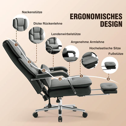 Ergonomischer Bürostuhl mit Fußstütze & Lendenwirbelstütze, Grau