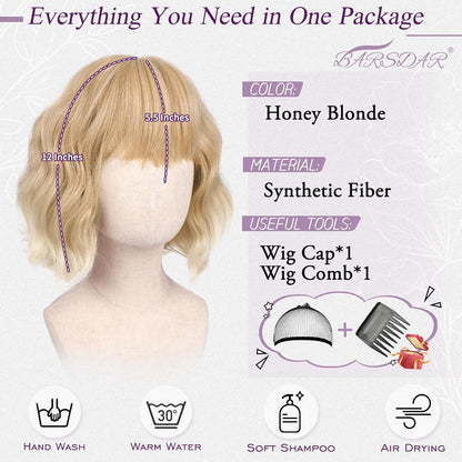 Kurze gewellte Blond Perücke mit Pony – French Bob 30cm