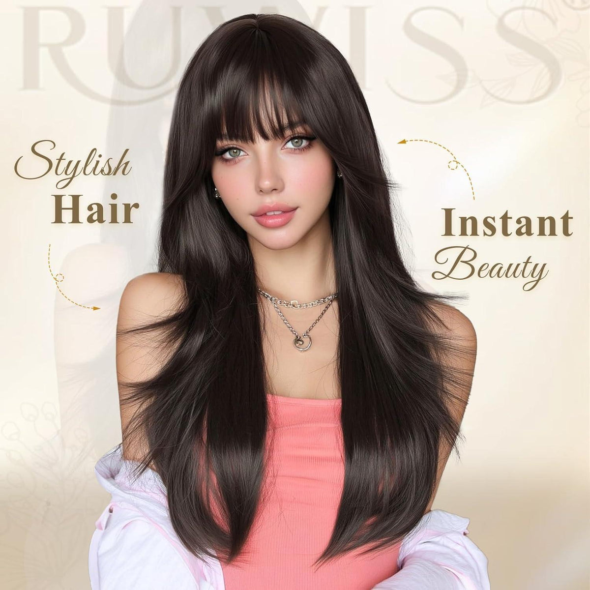Lange Gerade Perücke Dunkelbraun mit Pony – 65 cm Synthetikhaar