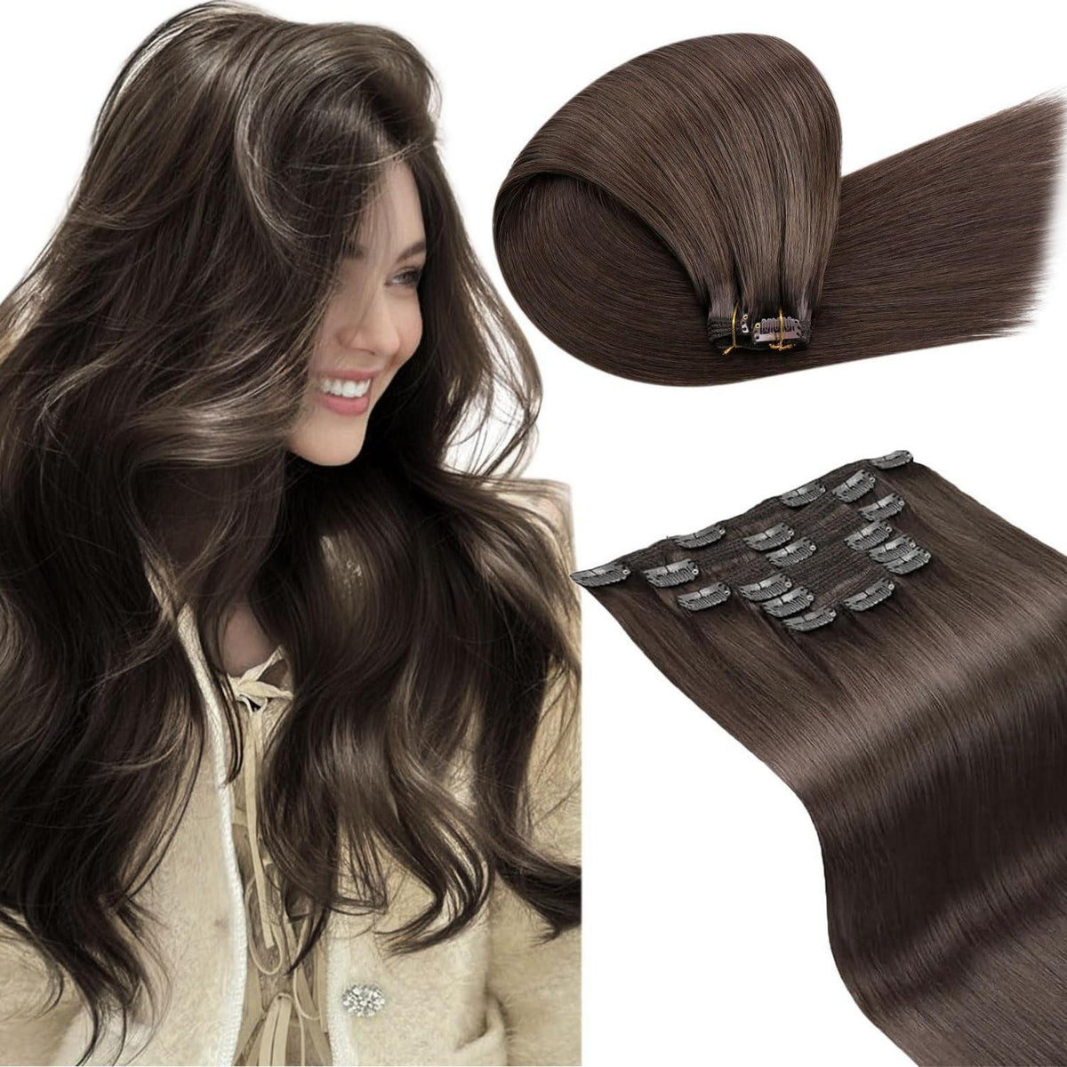 Echthaar Clip-Ins Braun 55cm – Volumenset