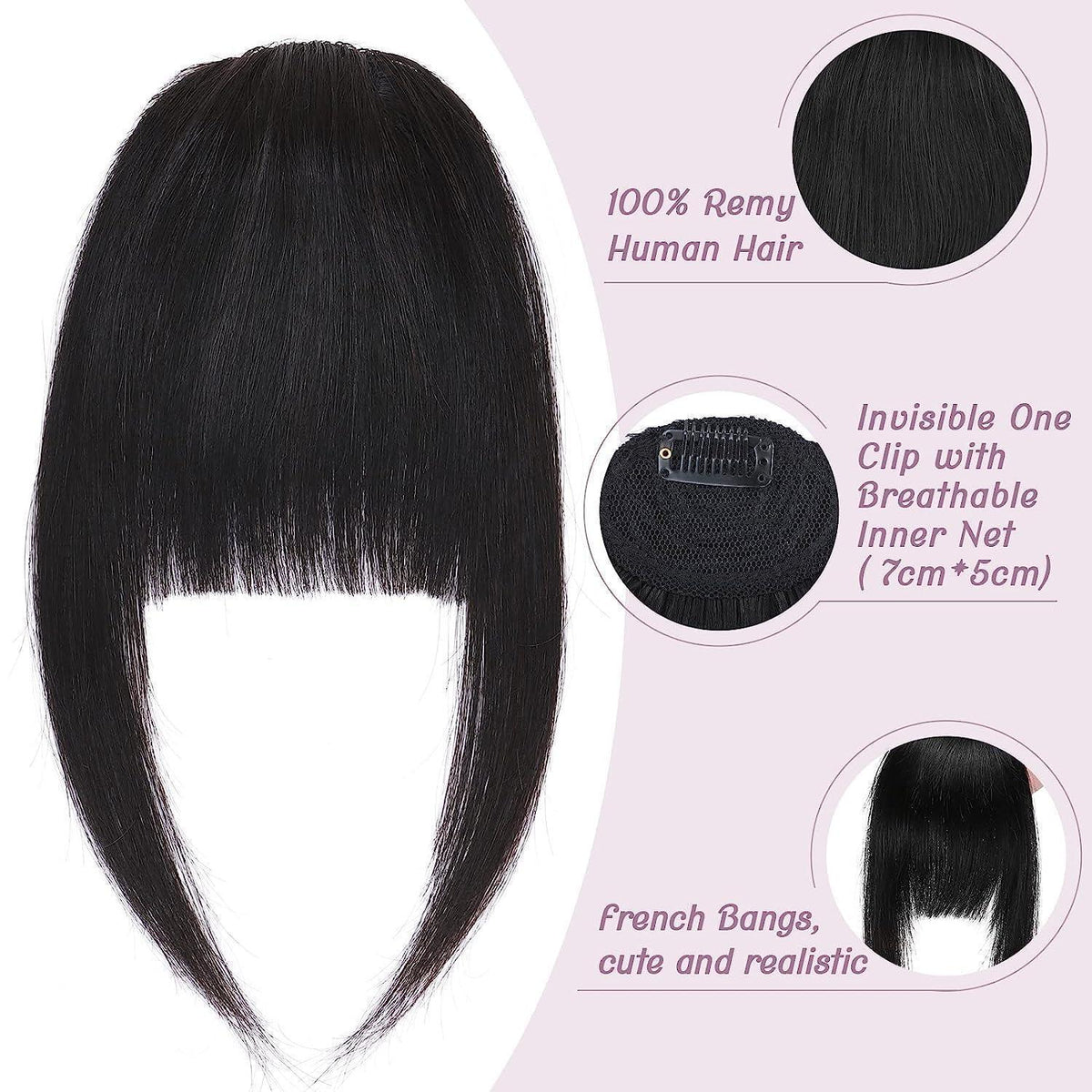 Clip-in Pony Echthaar Curved Bangs mit Schläfen #1B Schwarz