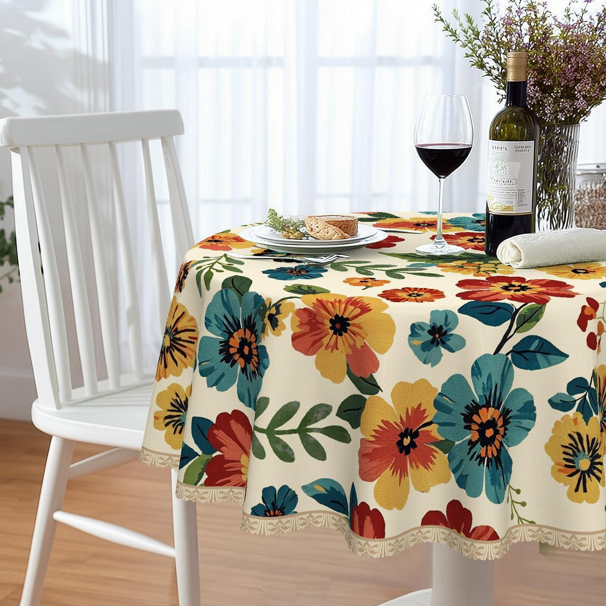 Runde Tischdecke 140 cm Vintage Wildblume | Wetterfest & Abwaschbar