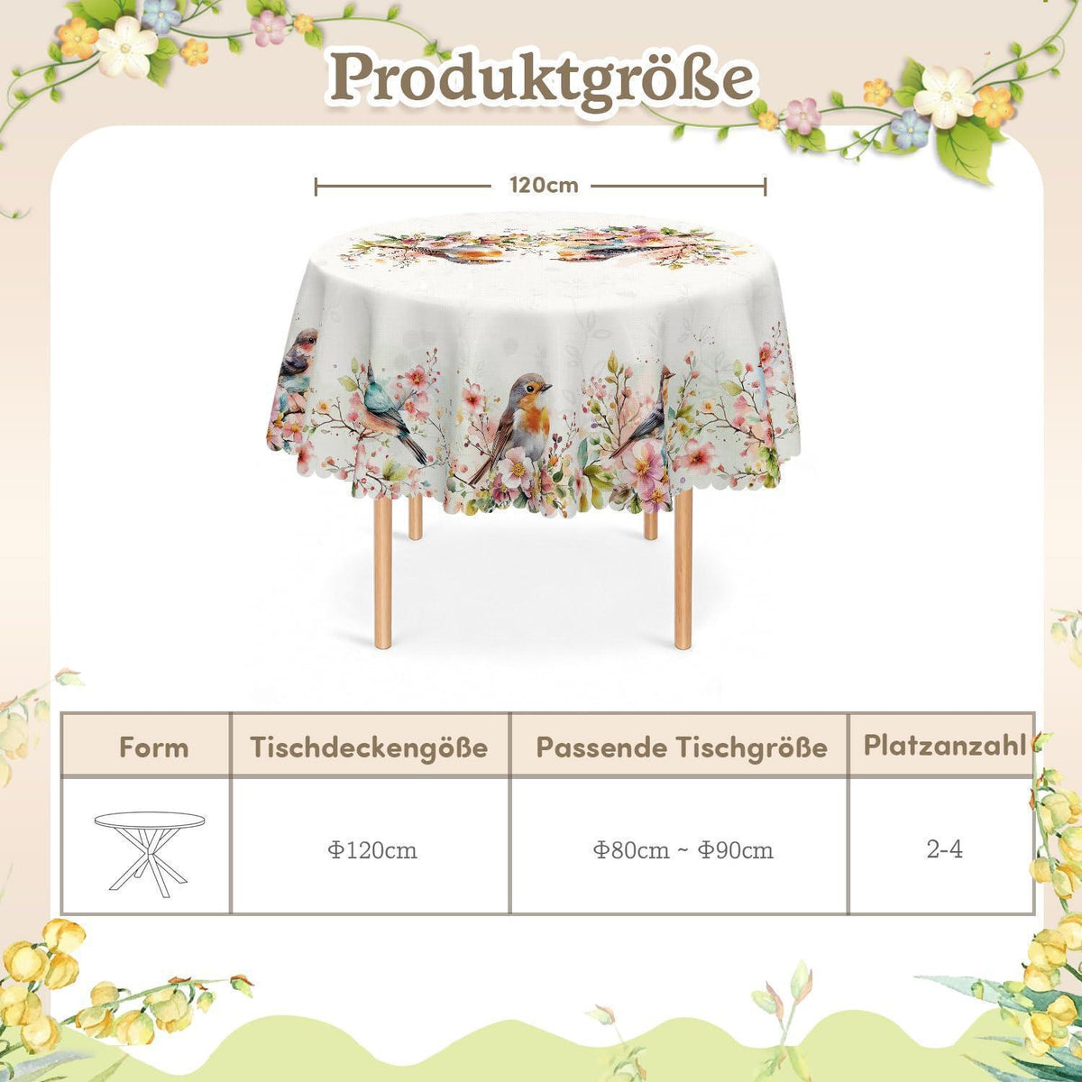 Runde Tischdecke 120 cm – Wetterfest & Abwaschbar mit Vogelmuster