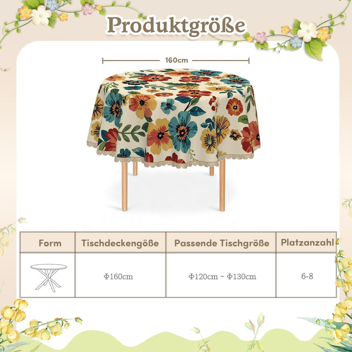 Runde Tischdecke 160 cm – Wetterfest & Vintage Wildblume
