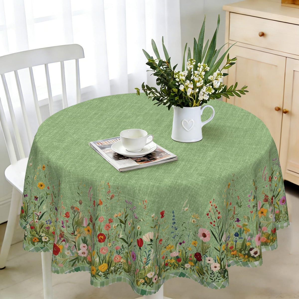 Runde Tischdecke 140 cm – Wetterfest & Grün Blumenmuster