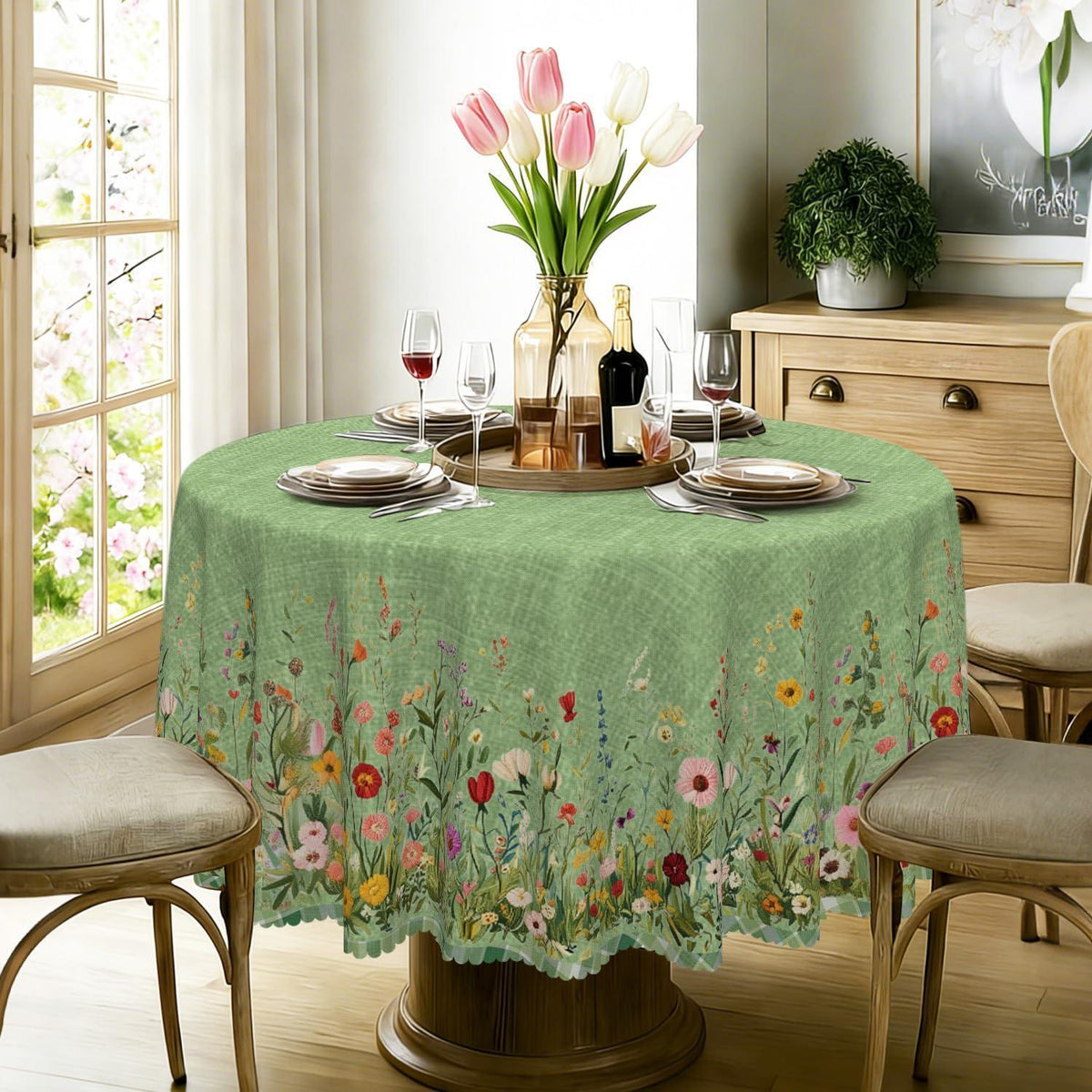 Runde Tischdecke 140 cm – Wetterfest & Grün Blumenmuster