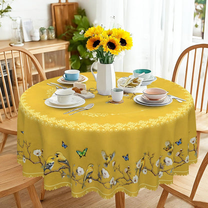 Runde Tischdecke 140 cm – Wetterfest & Goldene Vögel Muster