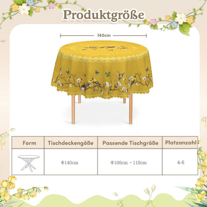 Runde Tischdecke 140 cm – Wetterfest & Goldene Vögel Muster