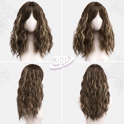 Lockige Balayage Blond Perücke – Mittel Lang mit Pony