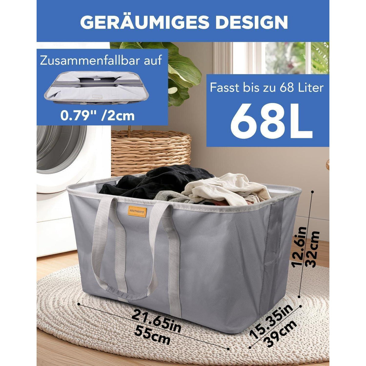Faltbarer Wäschekorb 68L – Extra flach & Standfuß