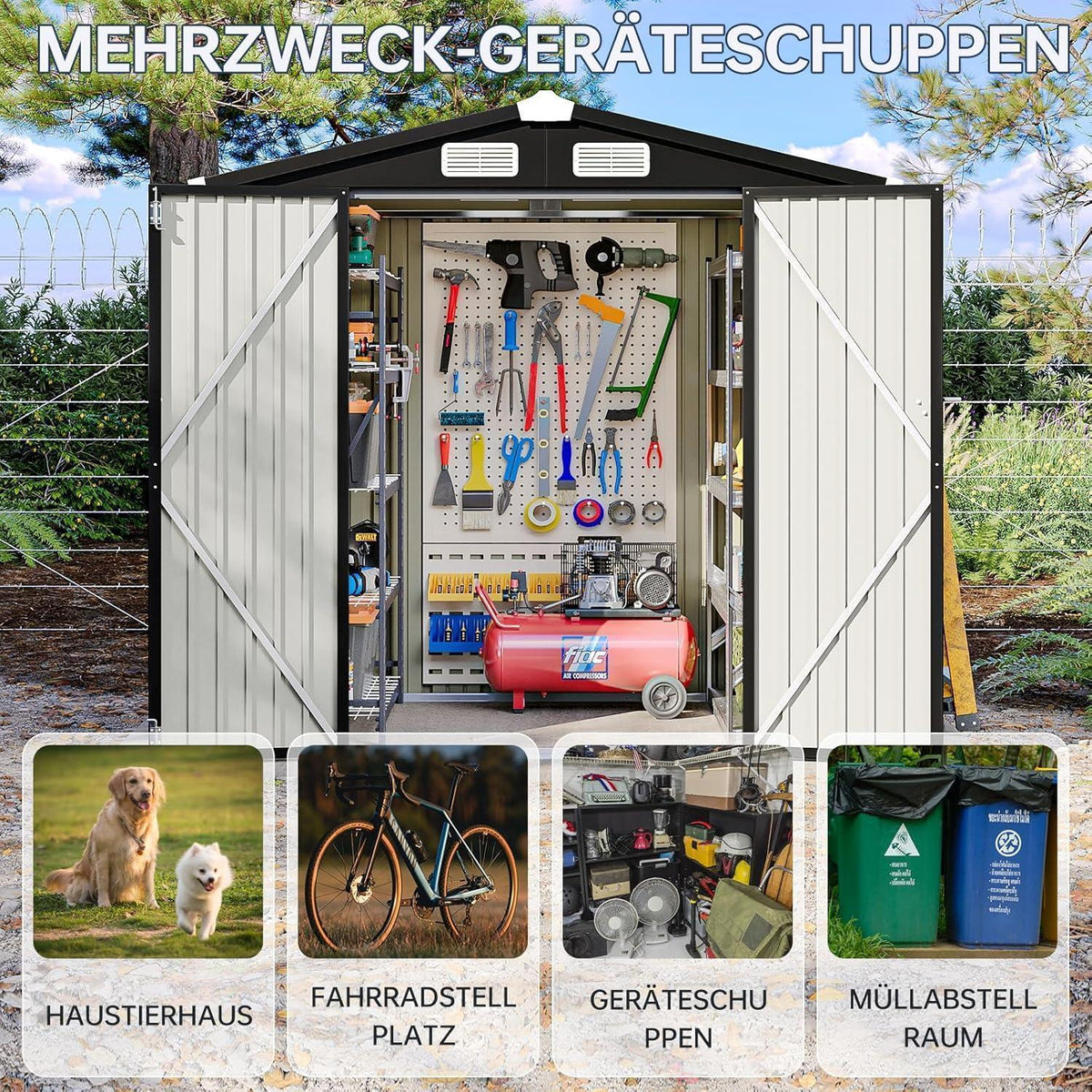 Gerätehaus Metall 200x188x123cm mit Fundamentrahmen Schwarz