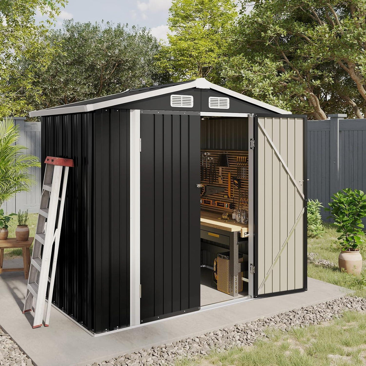 Gerätehaus Metall 200x188x123cm mit Fundamentrahmen Schwarz