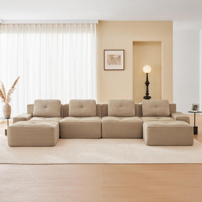 Modulares Cord Sofa 4-Sitzer mit Hockern – Beige Tiefsitz Eckcouch