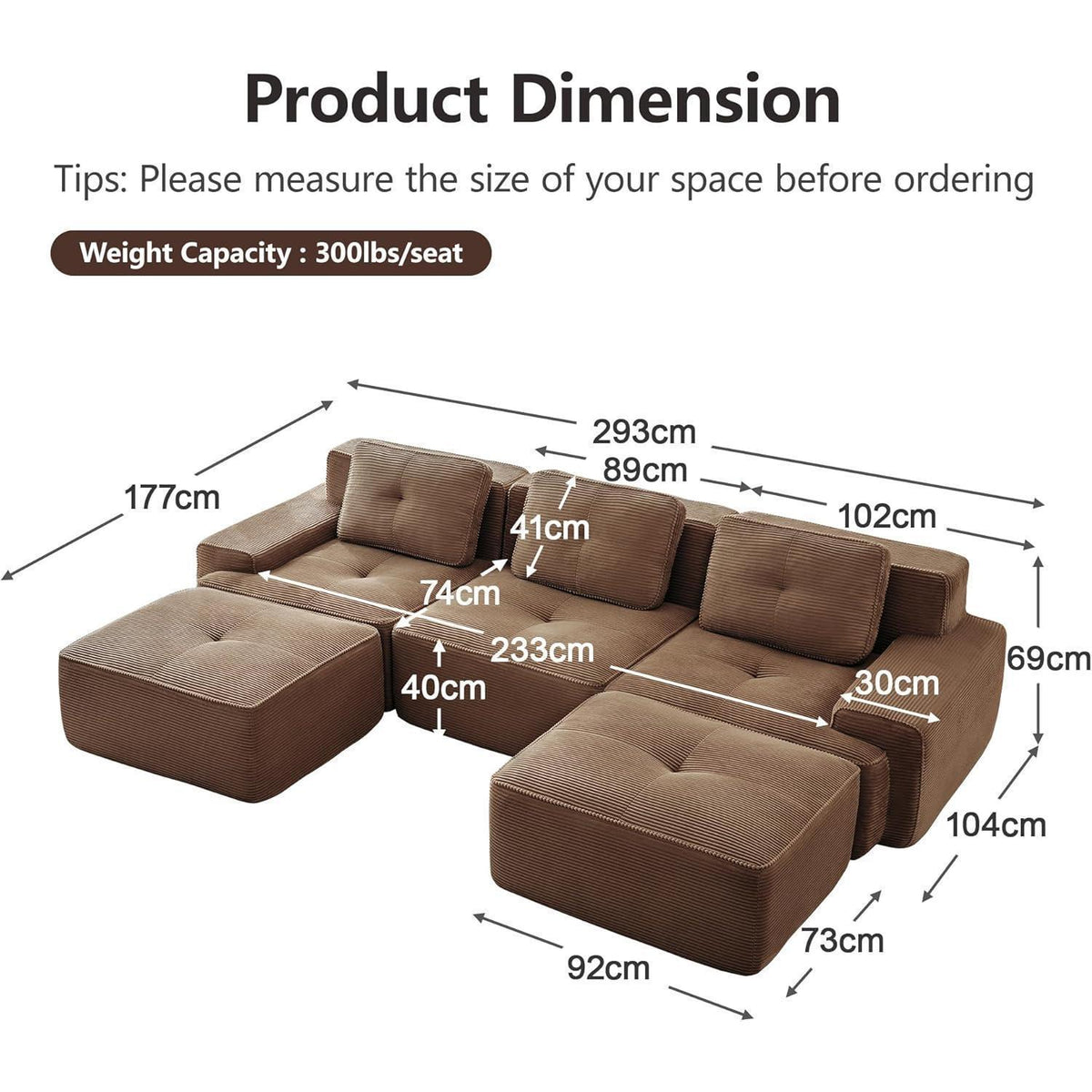 Modularer 2-Sitzer Cord Sofa mit Hockern – Tiefsitz & Flexibel