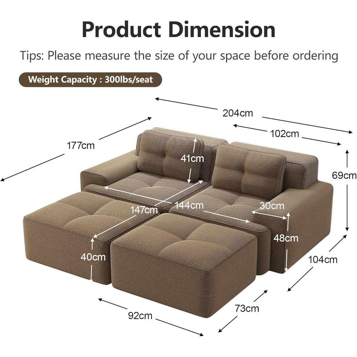 Modularer 2-Sitzer Cord Sofa mit Hockern – Tiefsitz & Komfort