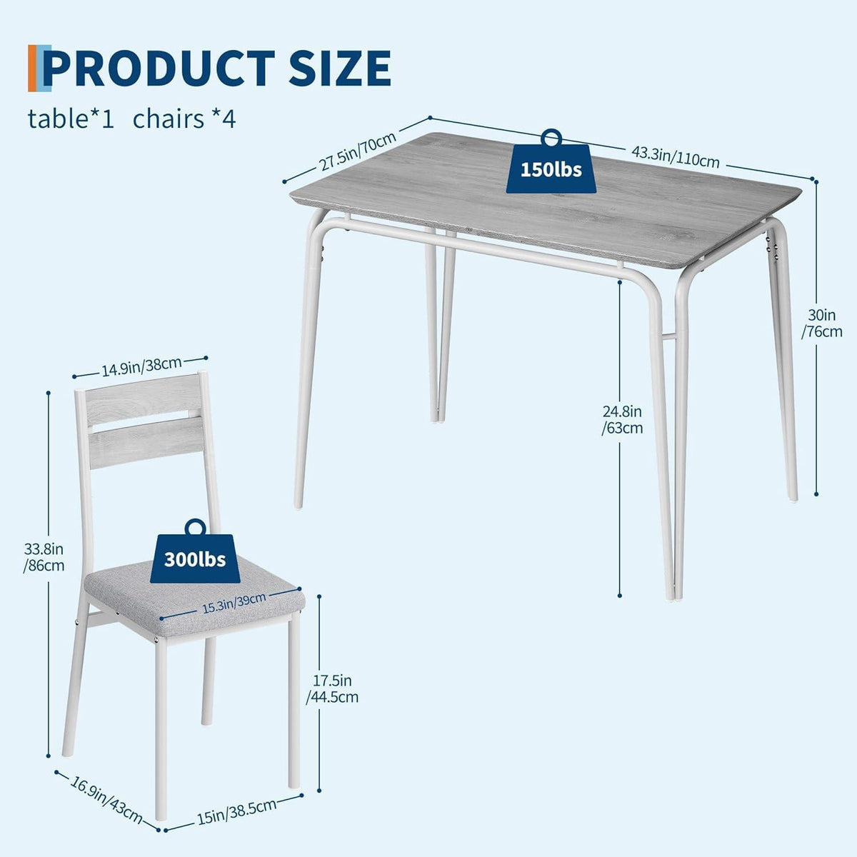Esszimmer Set Grau-Weiß: Tisch + 4 Stühle für Küche & Wohnzimmer