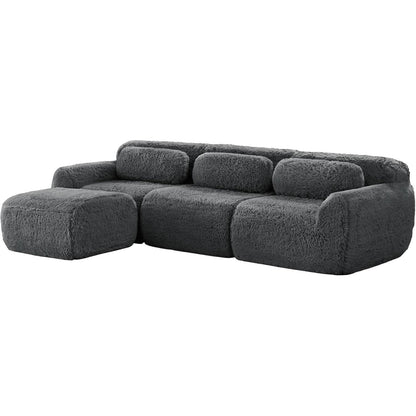 Modulares L-Form Sofa mit Hocker | Grau, Plüsch, Kein Aufbau