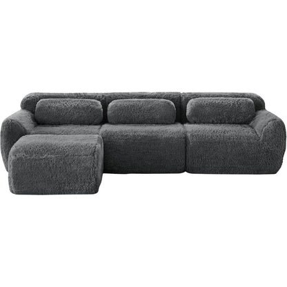 Modulares L-Form Sofa mit Hocker | Grau, Plüsch, Kein Aufbau