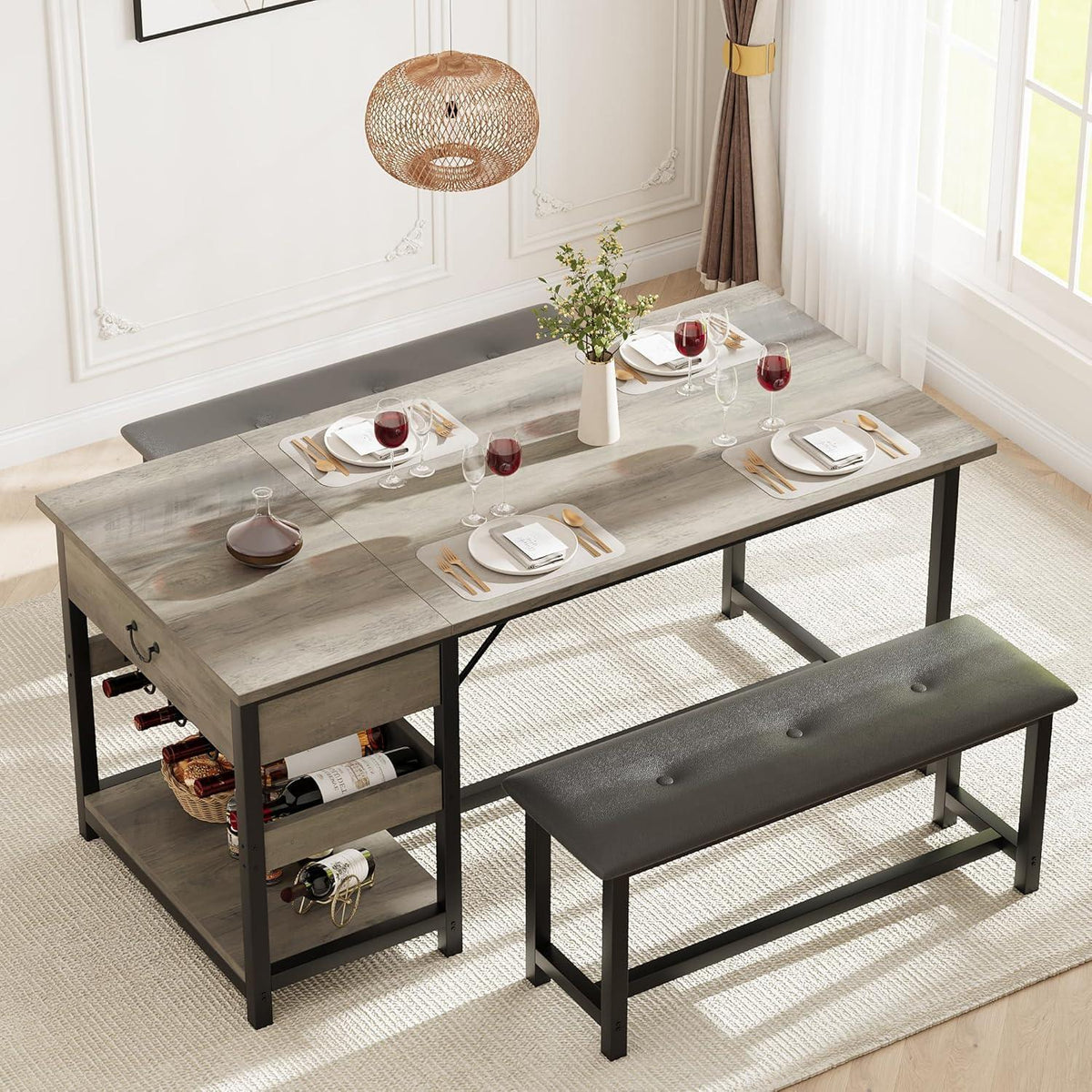 Esszimmer Set Grau: Tisch mit 2 gepolsterten Bänken & Stauraum