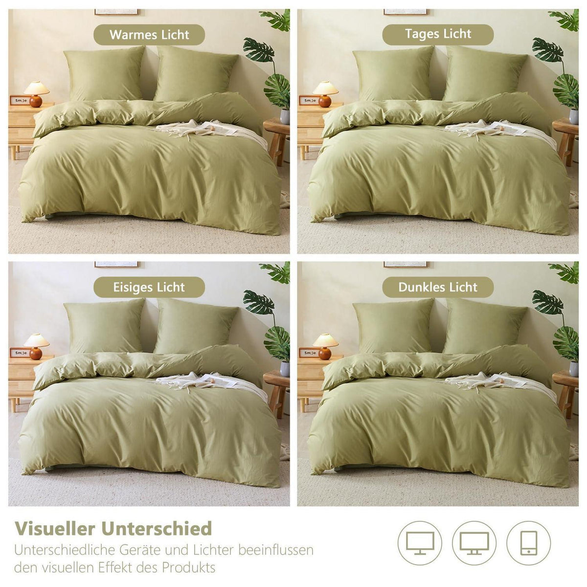 Baumwoll Bettwäsche Set 200x200 cm Oliven Grün 3-teilig