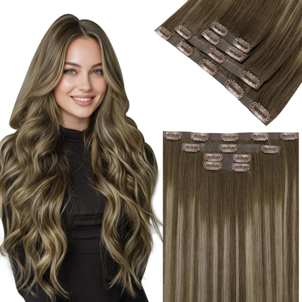 Echthaar Clip-Ins Braun 50cm – Volumenset #8/16/8