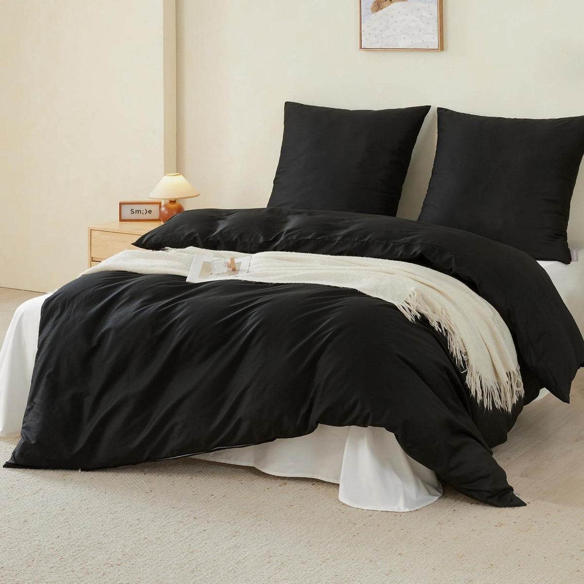 100% Baumwoll Bettwäsche Set Schwarz 200x200cm + 2 Kissenbezüge