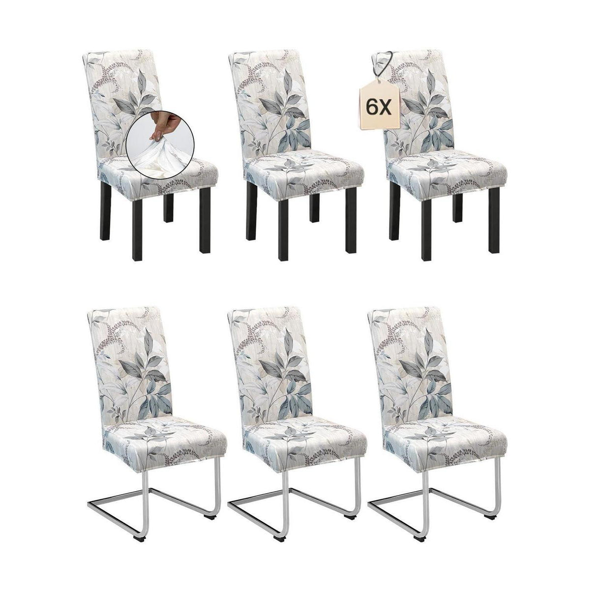 6er Set Stuhlhussen Grau Blätter-Muster – Stretch & Waschbar