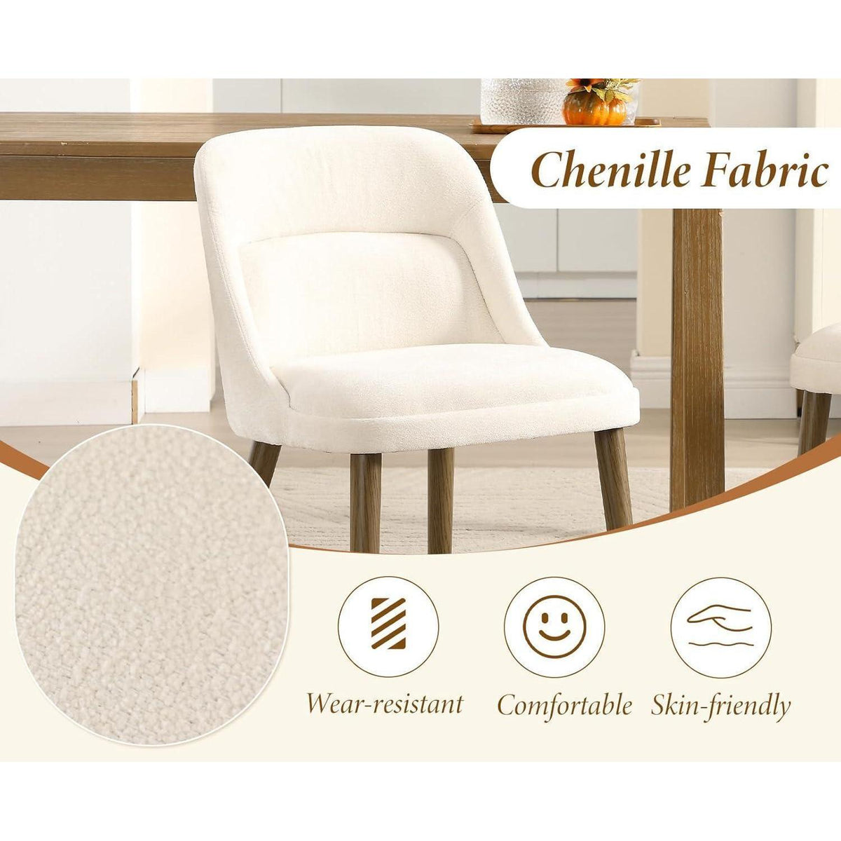 Retro Esszimmerstühle 2er Set mit Chenille-Bezug Weiß