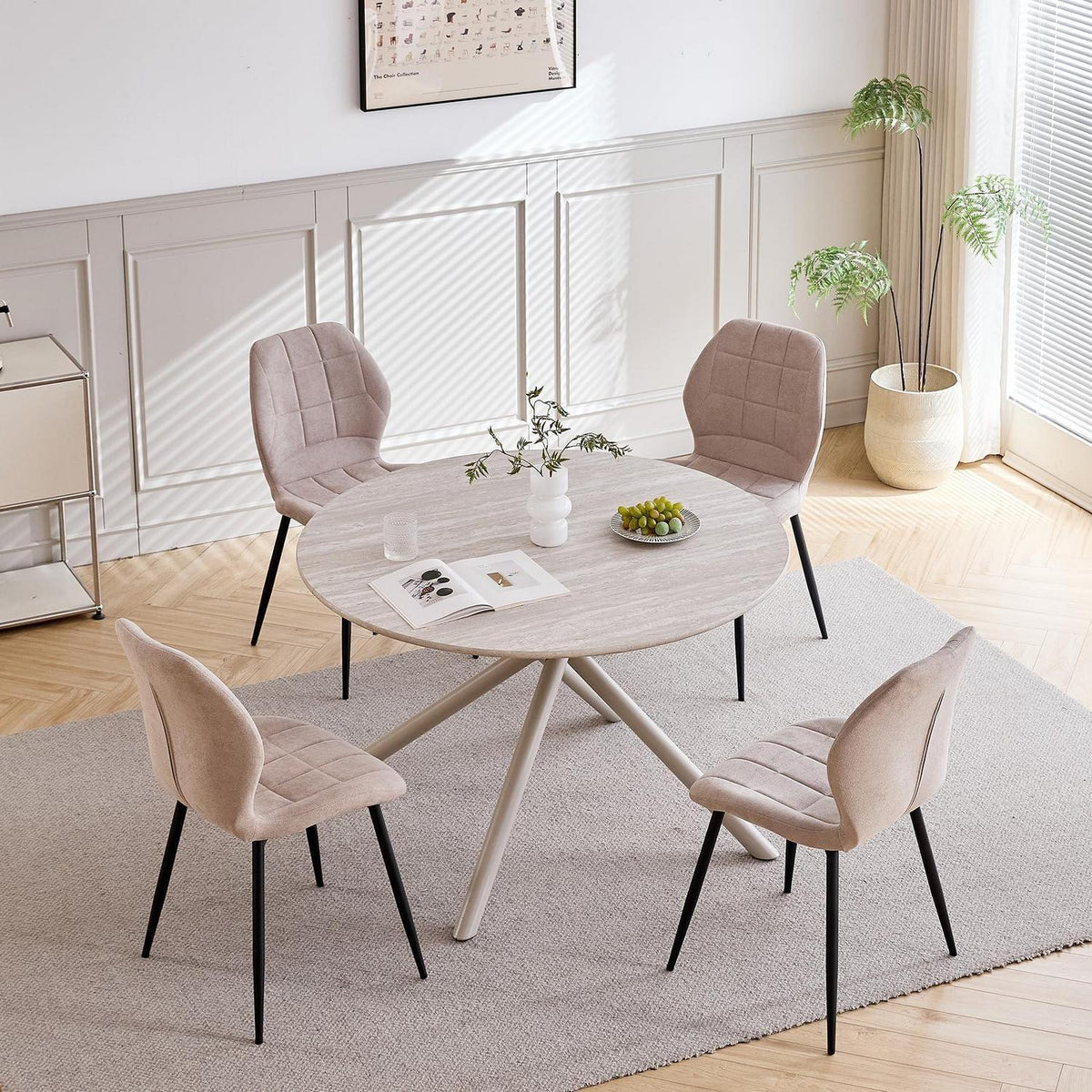 Runde Essgruppe Holzgrau & Beige | Esstisch 115cm + 4 Stühle