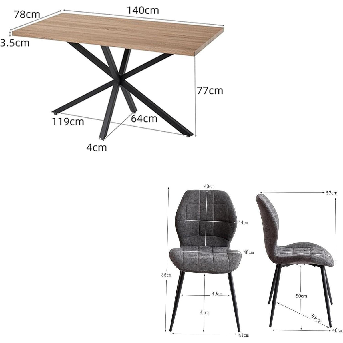 Essgruppe Holz 140x78cm mit 4 Grau Stühlen