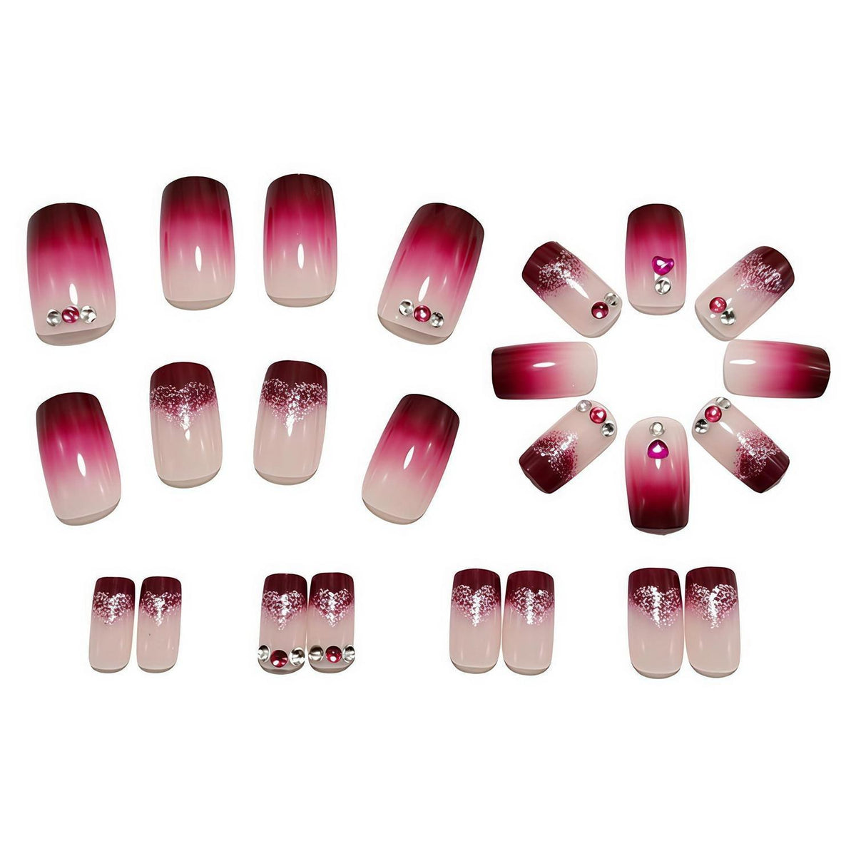 Künstliche Nägel Rot French Tips kurz quadratisch mit Herz-Strass
