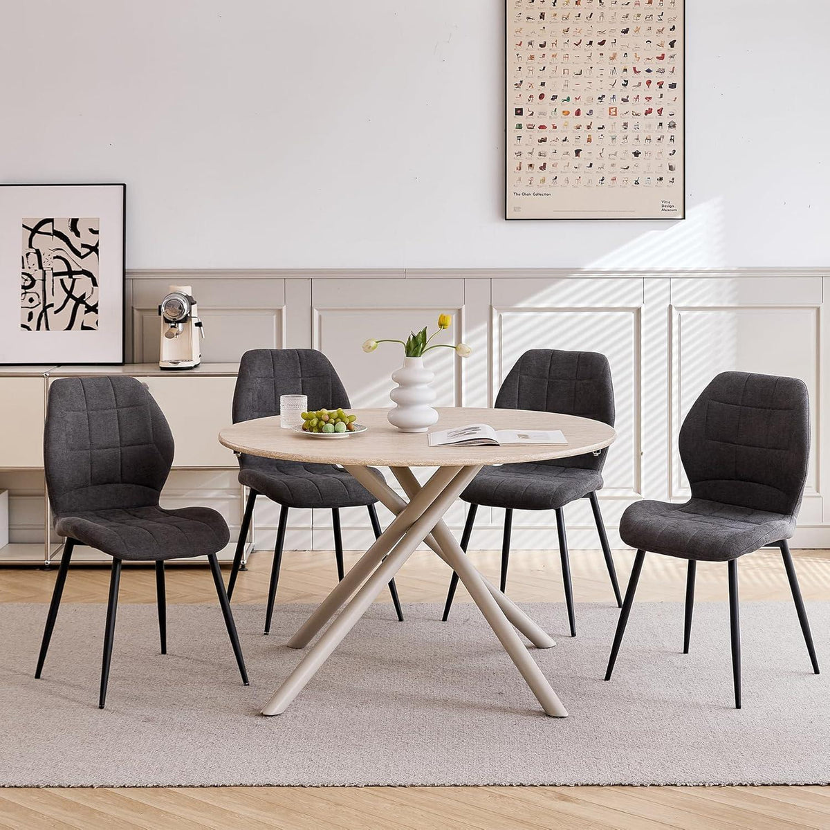 Runde Essgruppe Holz 115cm mit 4 gepolsterten Stühlen