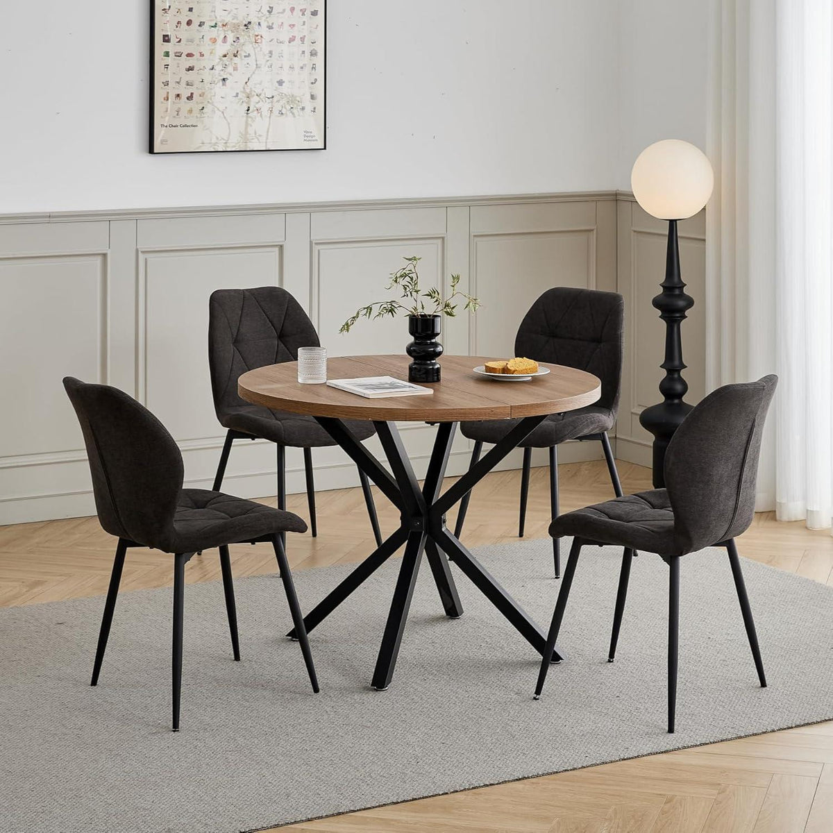 6 Esszimmerstühle Leinen-Diamantgewebe, Schwarz