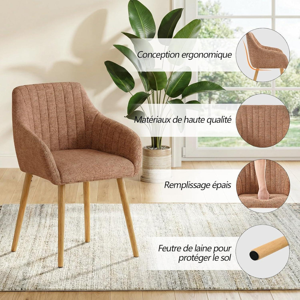 Esszimmerstühle Set 6 beige Holzbeine mit Armlehne & Samt