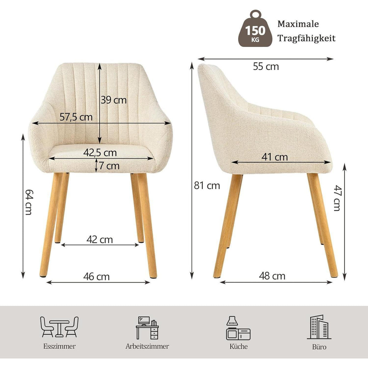 Esszimmerstühle Set 2 beige Holzbeine mit Armlehne & Samt