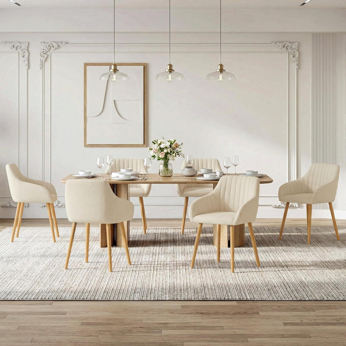 Esszimmerstühle Set 2 beige Holzbeine mit Armlehne & Samt
