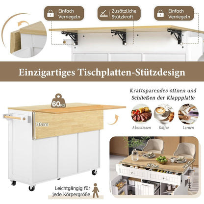 Mobile Kücheninsel mit Ausziehtisch & Schubladen (Weiß)