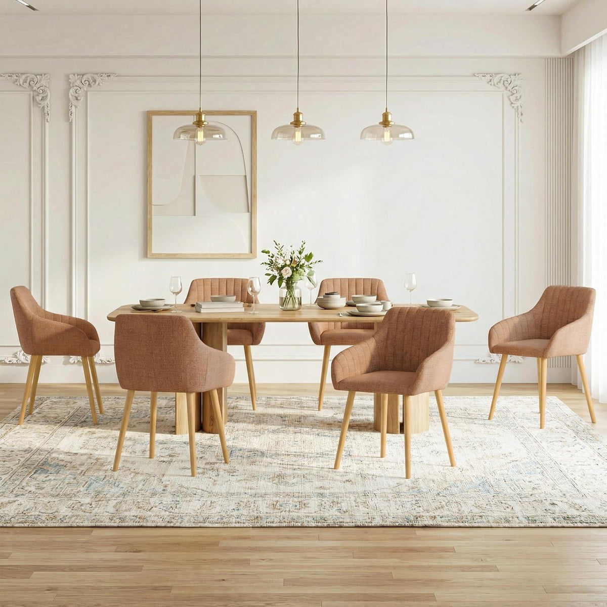 Esszimmerstühle Set 4er Beige Holzbeine mit Armlehne