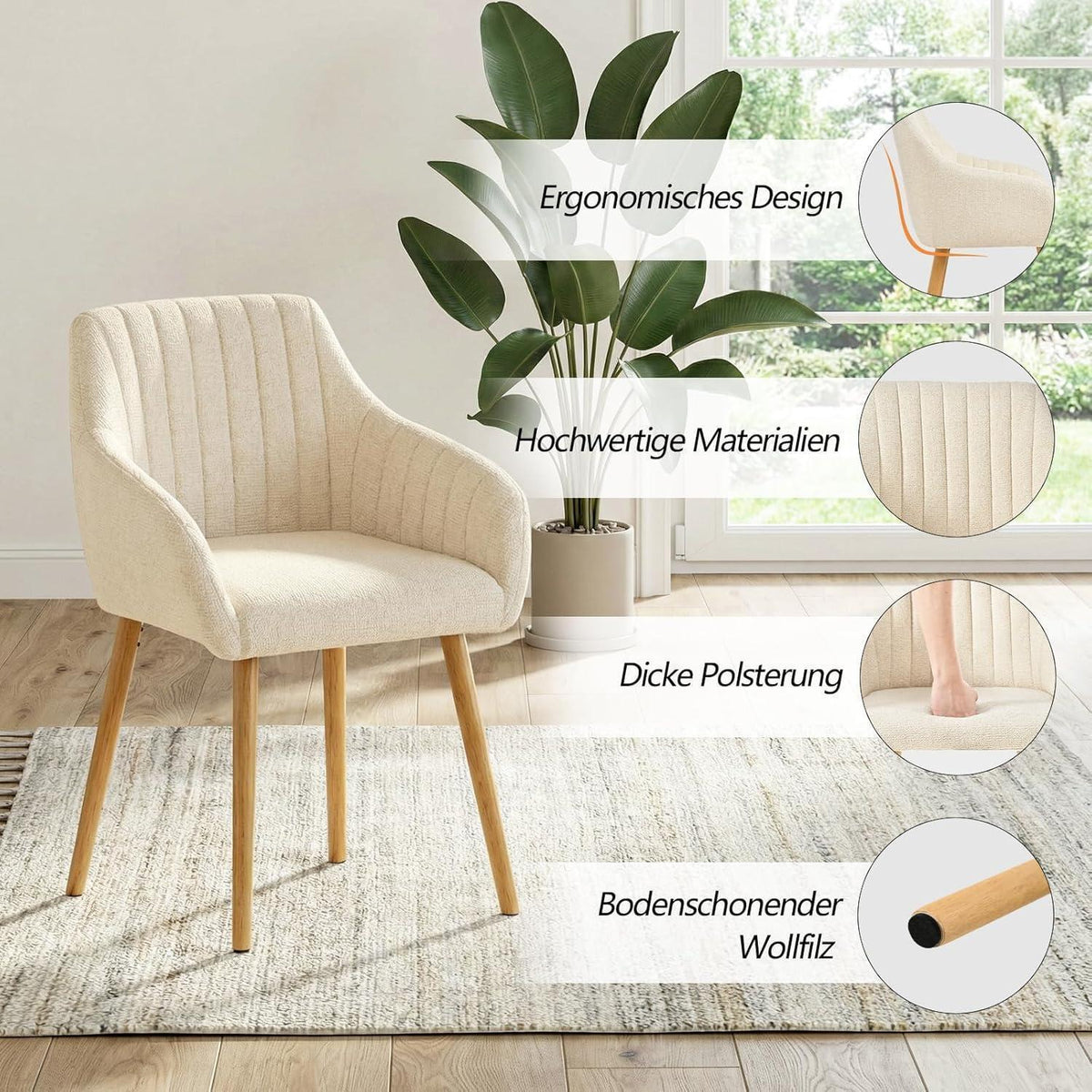 Esszimmerstühle Beige Holzbeine mit Armlehne 6er Set