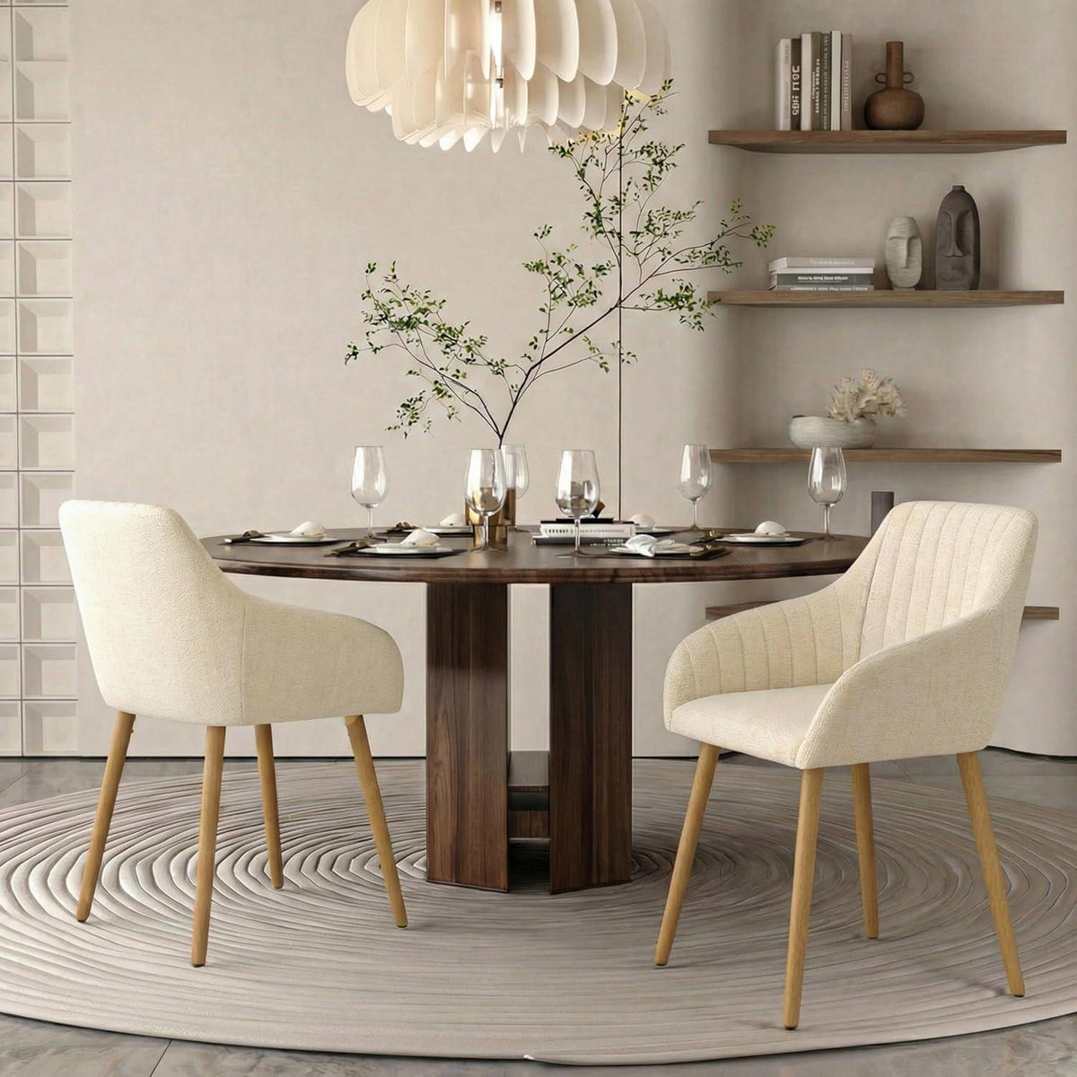 Esszimmerstühle Beige Holzbeine mit Armlehne 6er Set