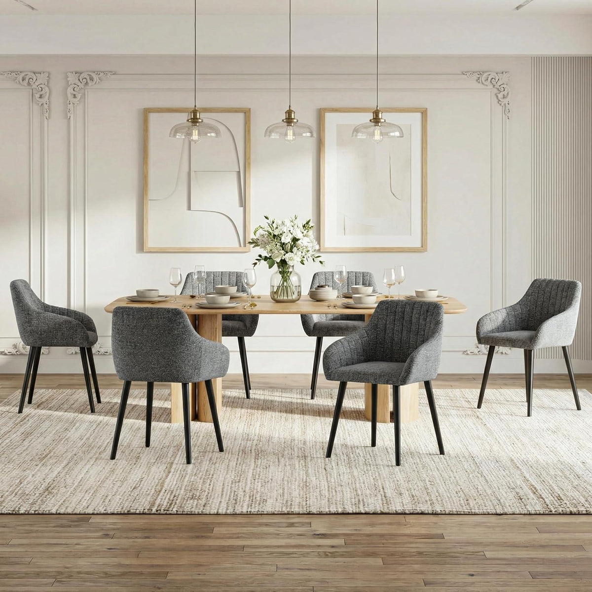 Esszimmerstühle Grau-Samt mit Holzbeinen & Armlehnen 4er Set
