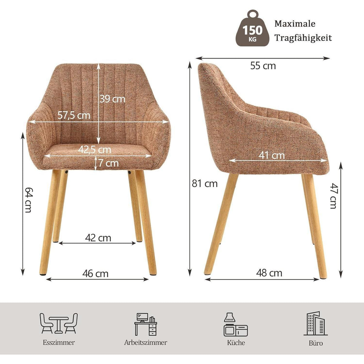 Esszimmerstühle Set 2 beige Holzbeine mit Armlehne