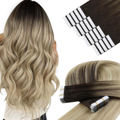 Echthaar Tape Extensions Dunkelbraun Ombre 60 cm