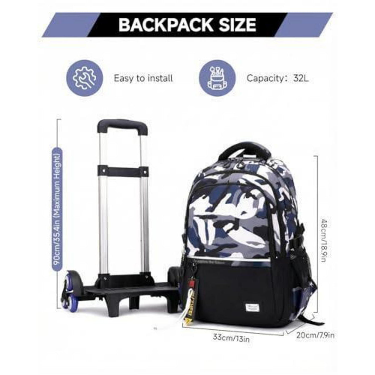 Schulrucksack mit Rollen für Jungen – Blau-Tarn, Höhenverstellbar