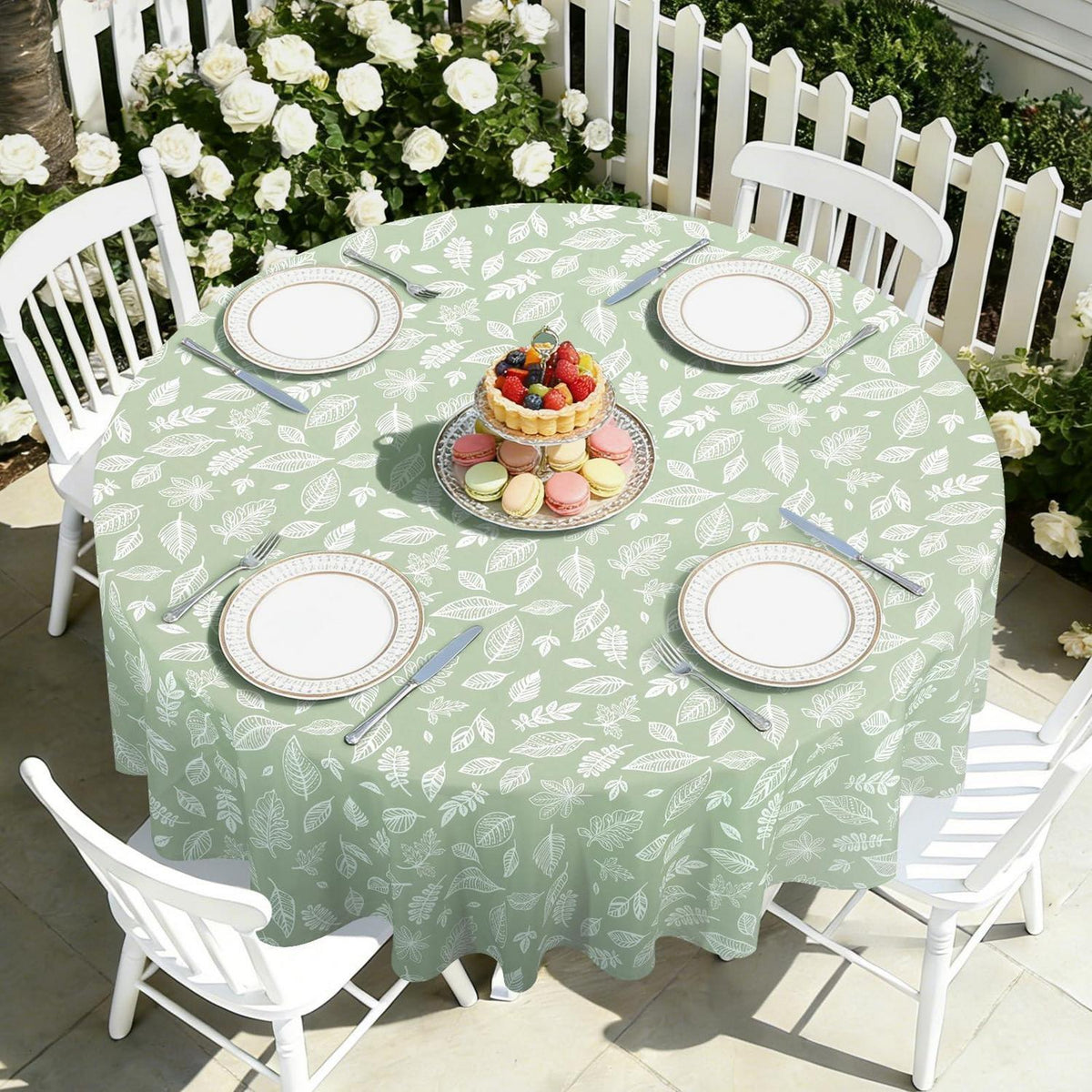 Runde Tischdecke 152 cm Blätter-Design Salbeigrün Frühling Sommer
