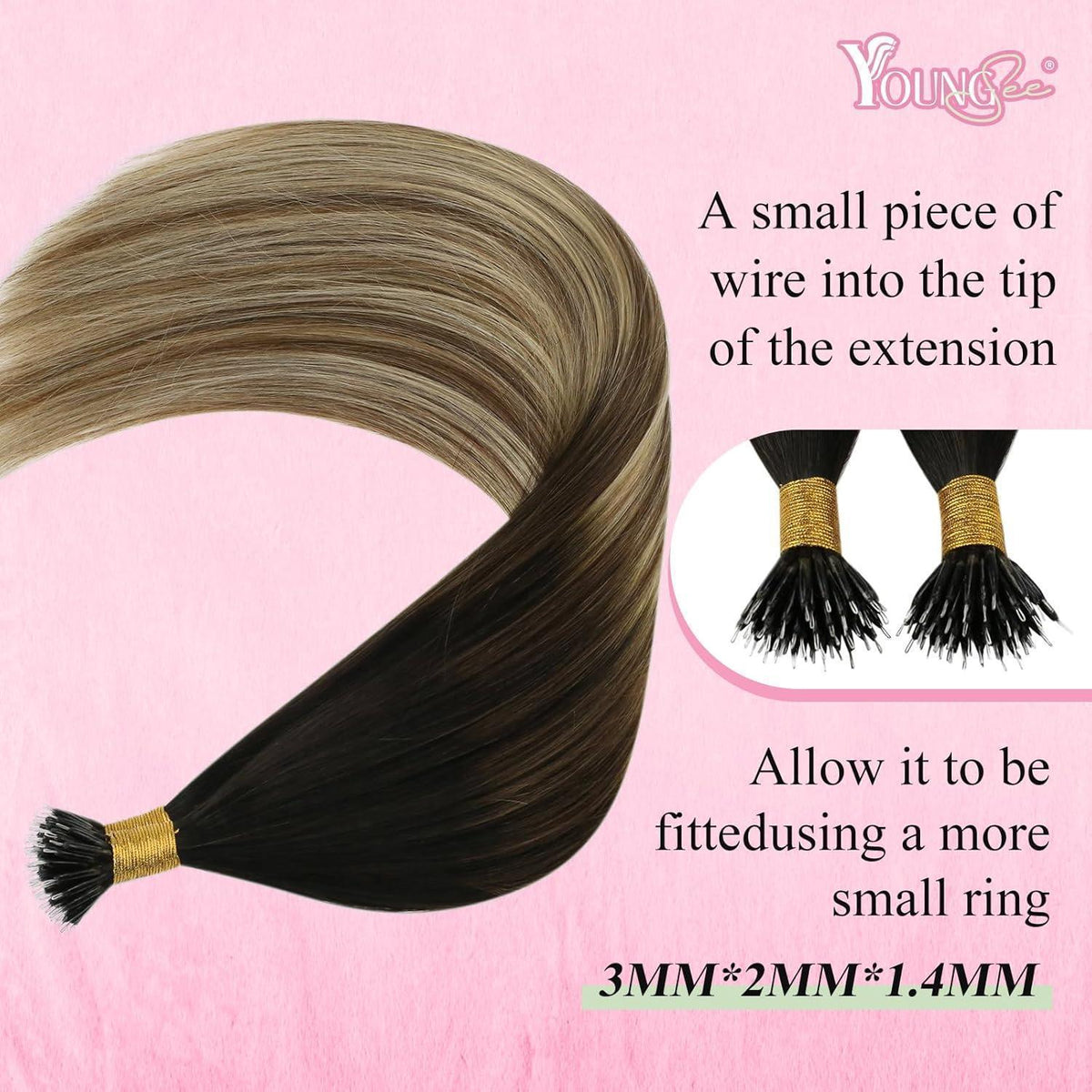 Echthaar Nano Ring Extensions Dunkelbraun Balayage 50cm