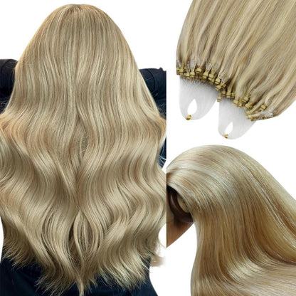 Blond Microring Extensions Echthaar 55cm – Aschblond Highlights