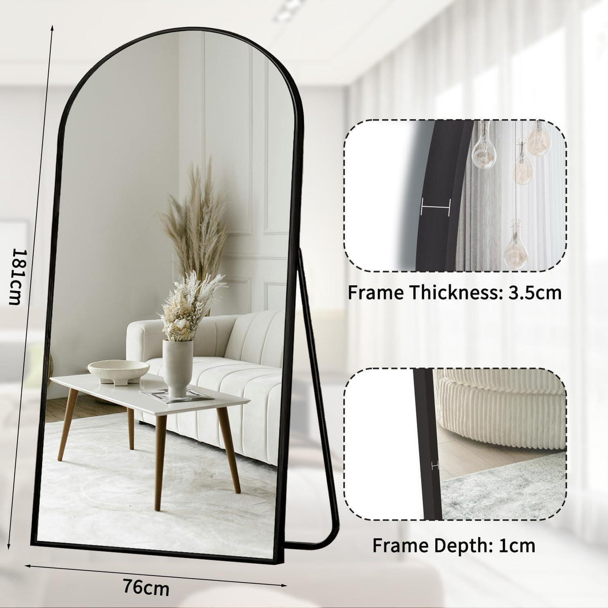 Großer Bogen Standspiegel 181x76 cm – Gehärtetes Glas, Schwarz