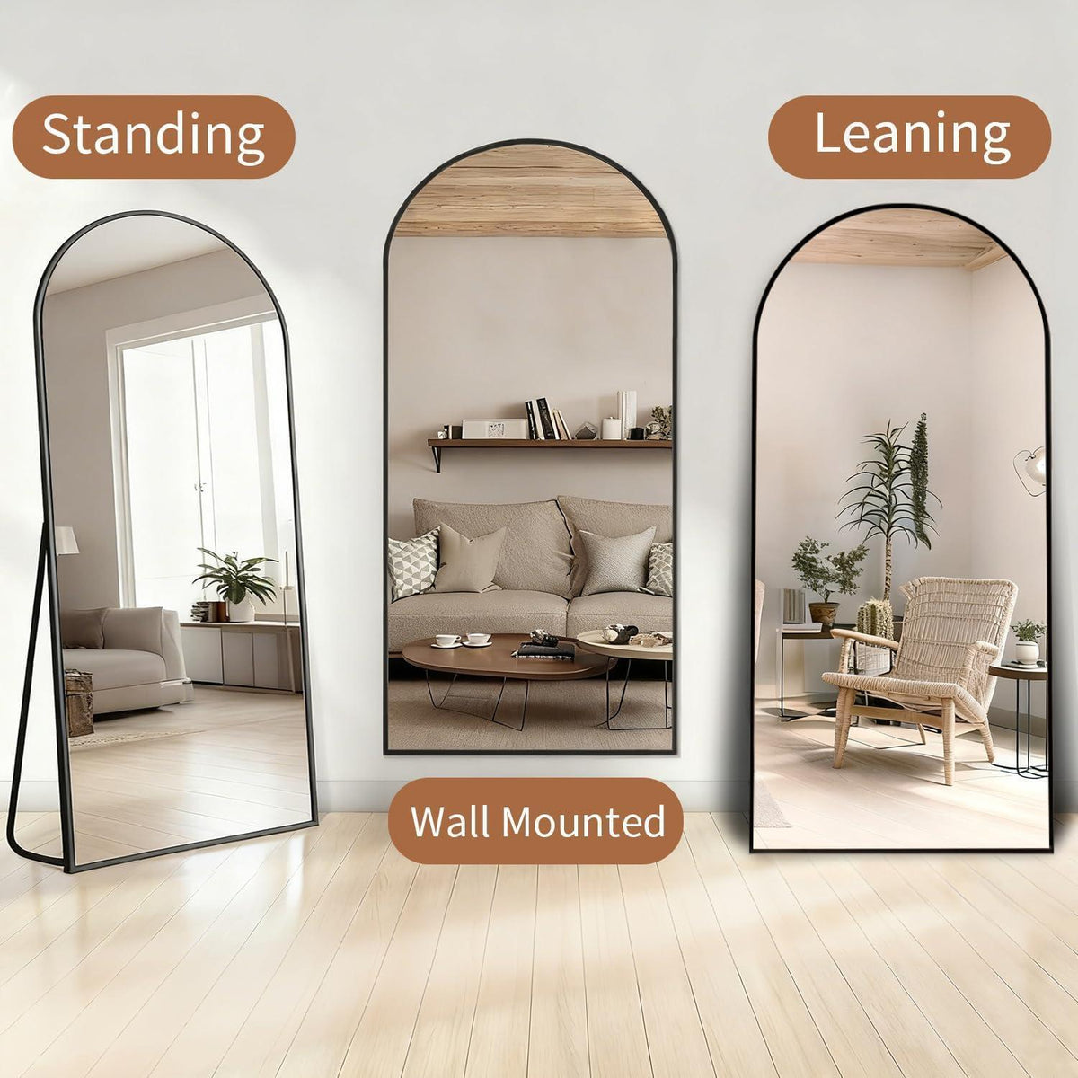 Großer Bogen Standspiegel 181x76 cm – Gehärtetes Glas, Schwarz